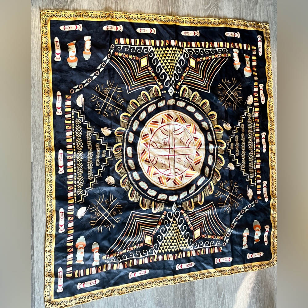 Pineda Covalin Black and Gold Large Geometric Patterned Silk Scarf
